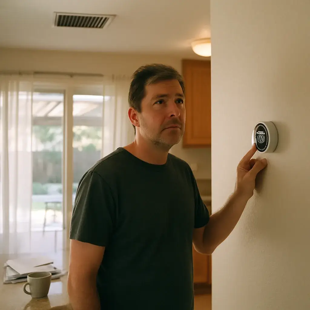 homeowner-thermostat-check-ac-fan-motor-sunnyvale Homeowner checking thermostat before AC fan motor replacement in Sunnyvale