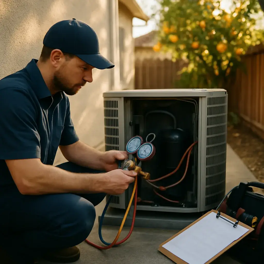 Technician checking AC compressor gauges during financed repair visit in Sunnyvale