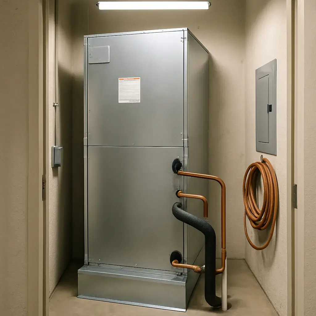 ac-financing-new-system-installation-result-sunnyvale Newly installed AC air handler unit after financed system replacement in Sunnyvale