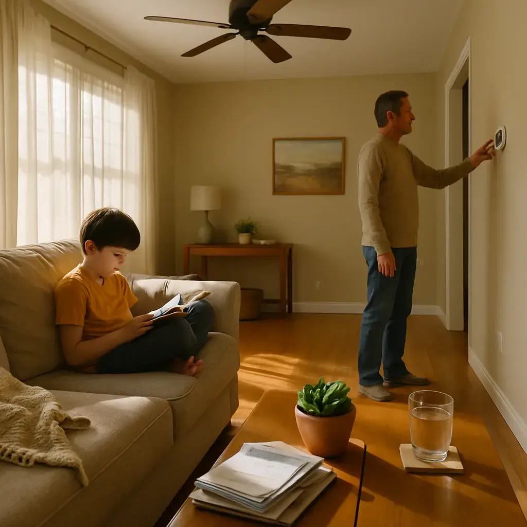 ac-financing-home-thermostat-summer-prep-sunnyvale Family adjusting thermostat at home before summer heat in Sunnyvale