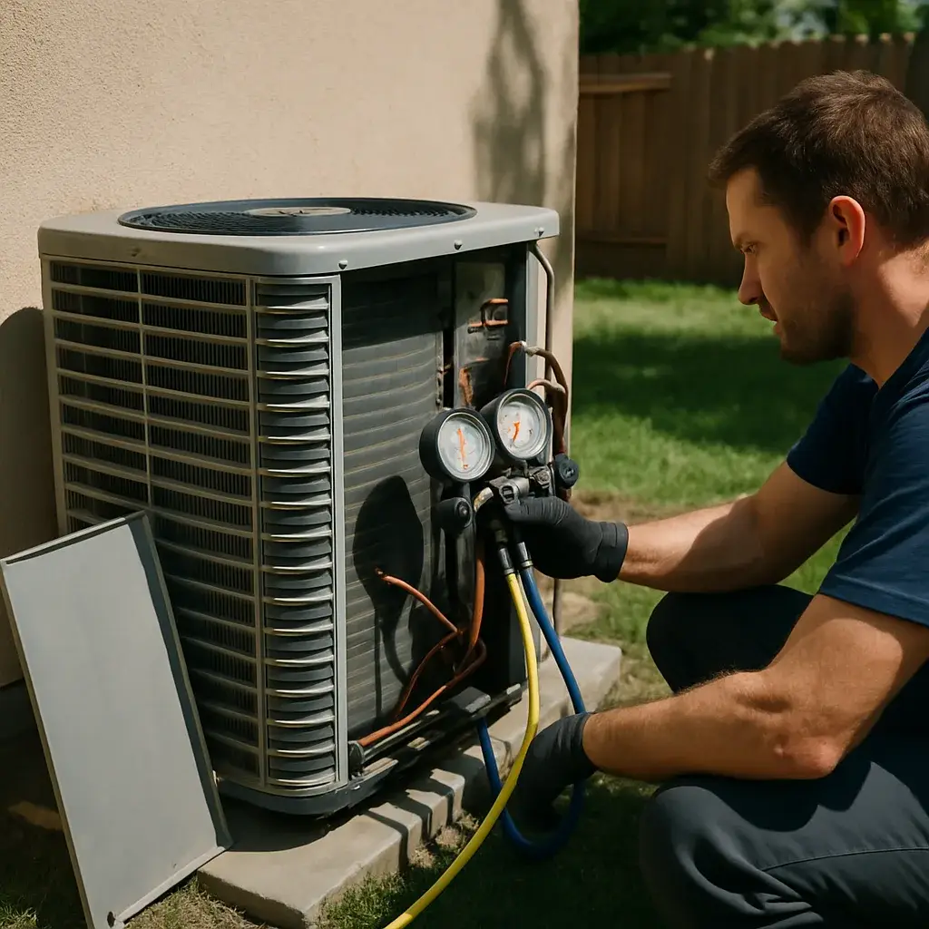 Technician checks refrigerant gauges on outdoor AC unit during Sunnyvale cooling diagnosis