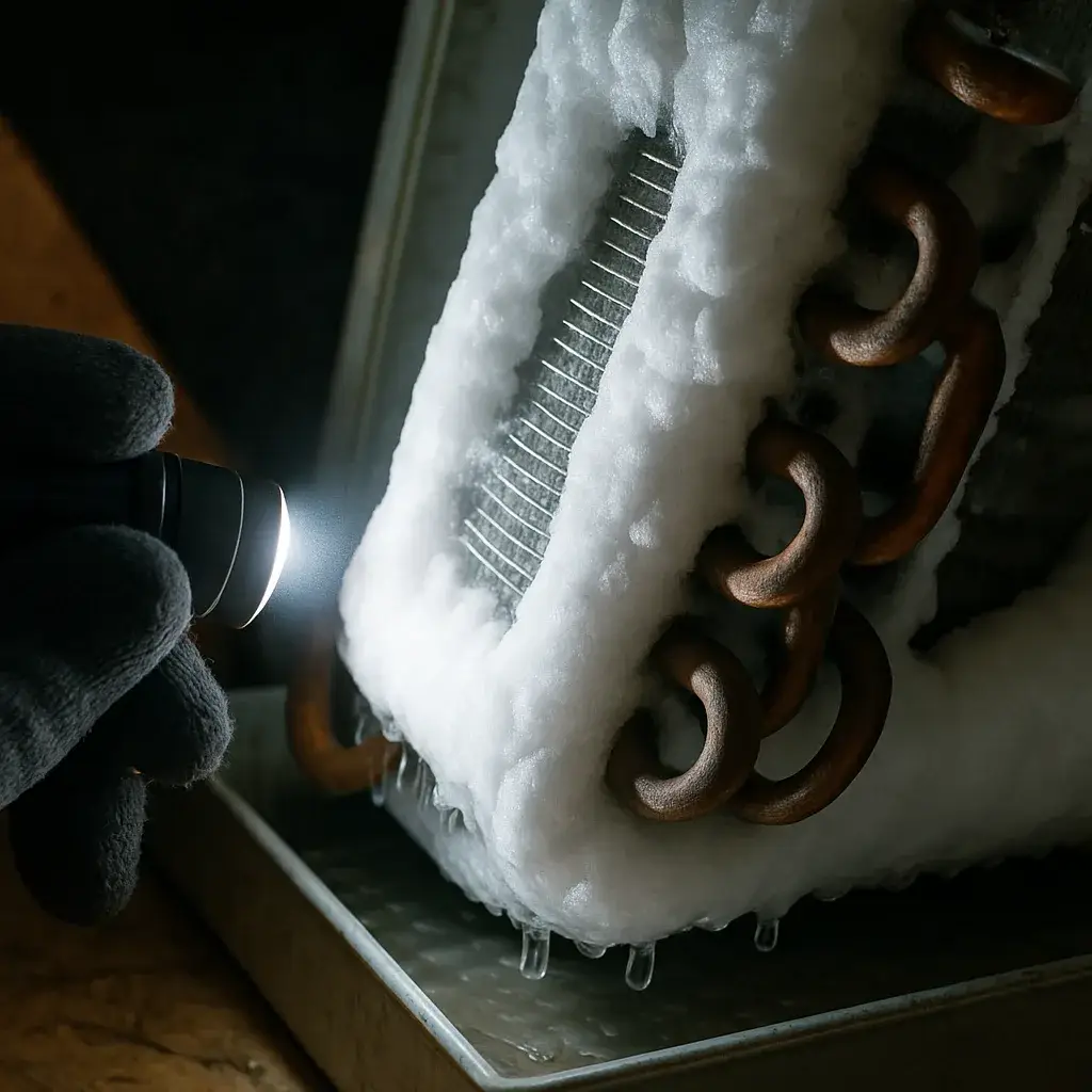 Frozen evaporator coil close-up during AC not cooling diagnosis in Sunnyvale attic system