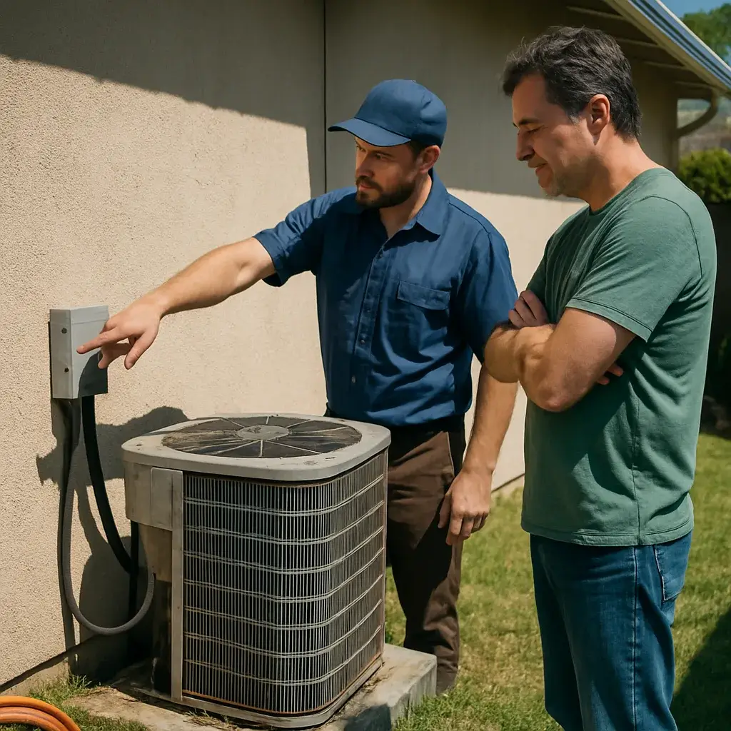 HVAC technician explains AC replacement cost factors to homeowner in Sunnyvale backyard