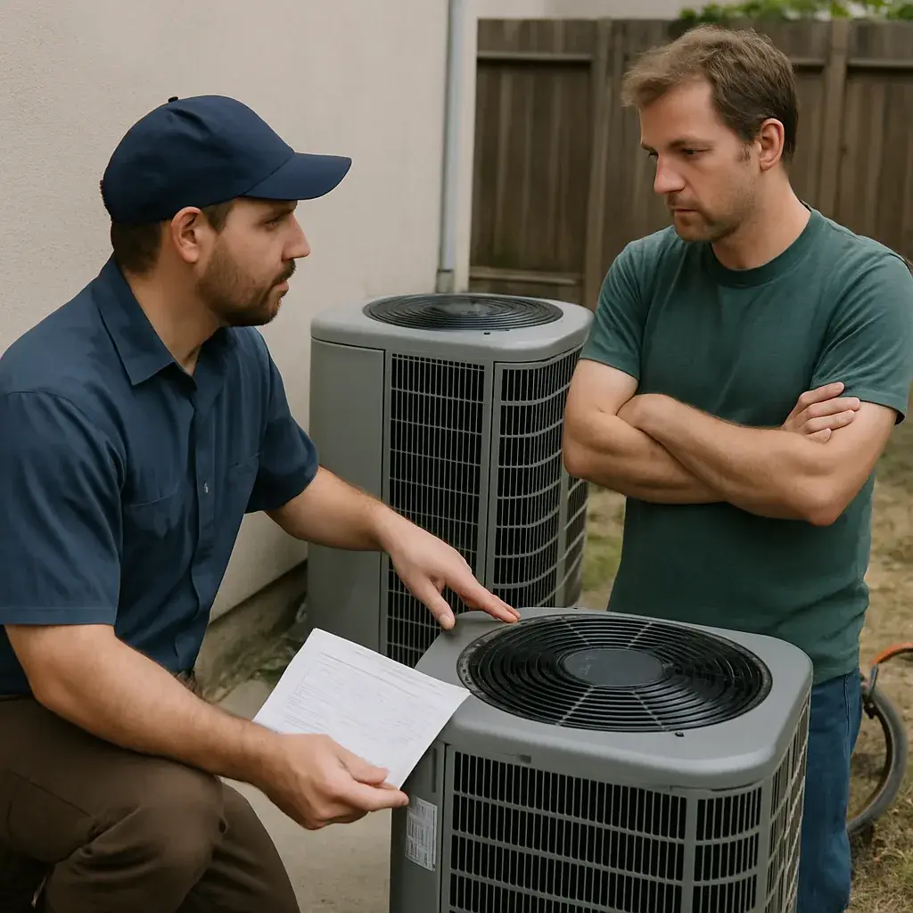Technician explains AC unit sizing to homeowner during replacement in Sunnyvale