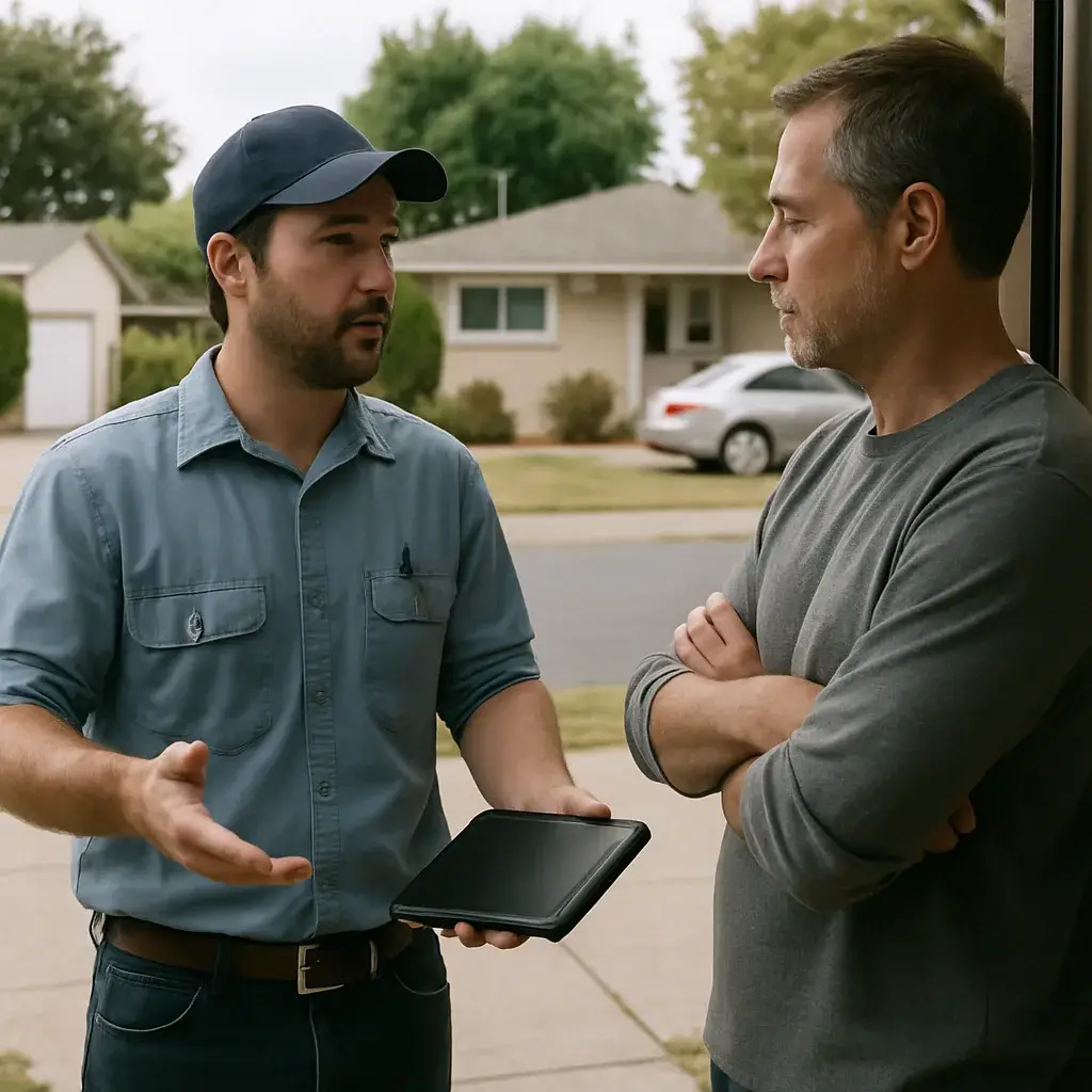 AC replacement technician explains service area limits to Sunnyvale homeowner