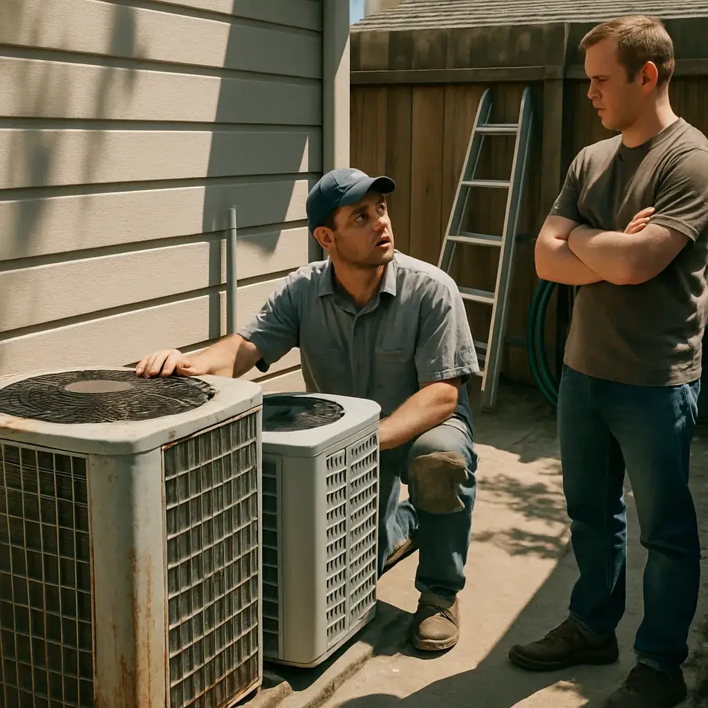 AC replacement technician compares old and new condenser units in Sunnyvale yard