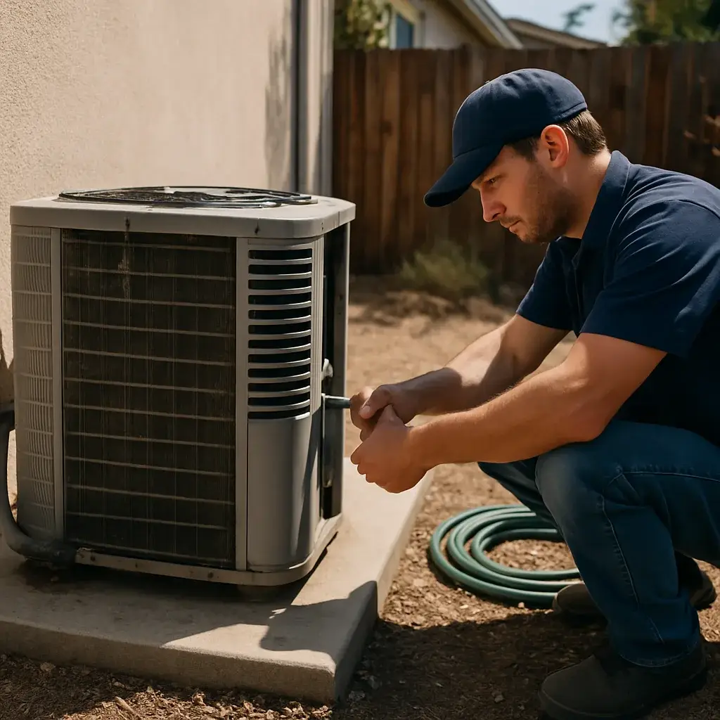 Technician removing old AC condenser during AC replacement at Sunnyvale home