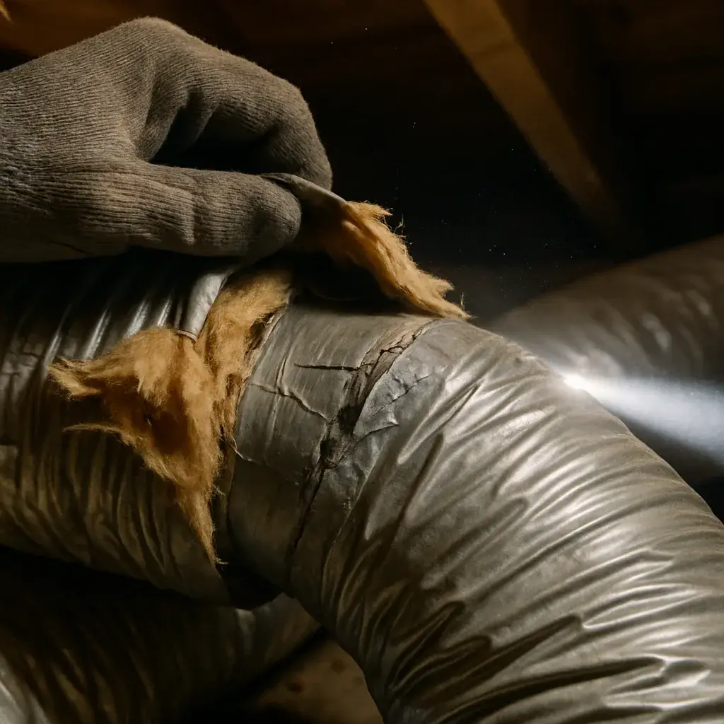 ac-replacement-ductwork-damage-attic-inspection-closeup Technician inspects damaged attic ductwork during AC replacement evaluation in Sunnyvale