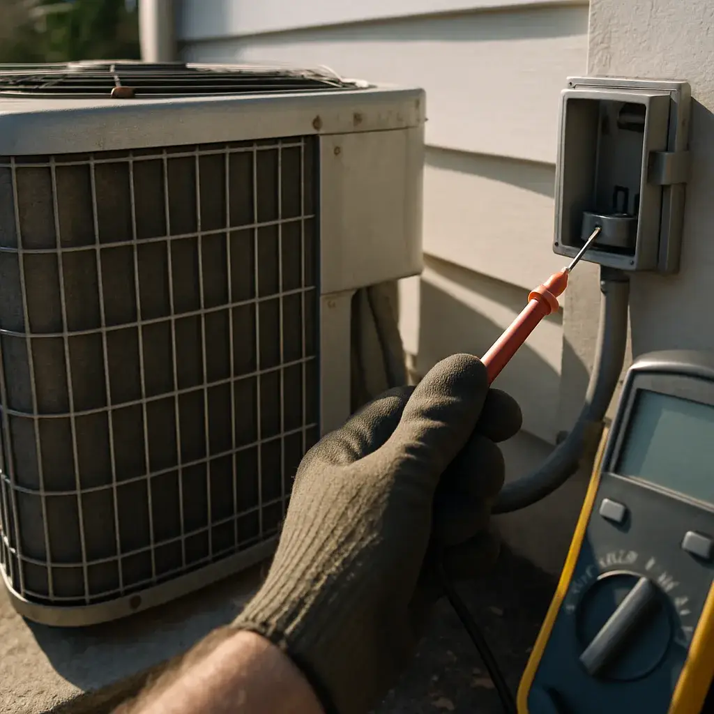 ac-replacement-condenser-disconnect-safety-check Technician checks voltage on outdoor AC unit before Sunnyvale replacement work