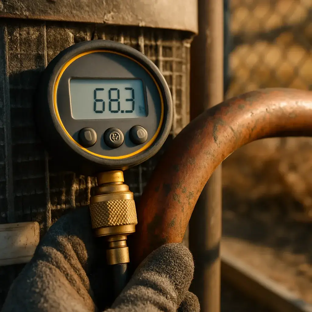 Gauge reading refrigerant pressure on old AC unit before replacement in Sunnyvale