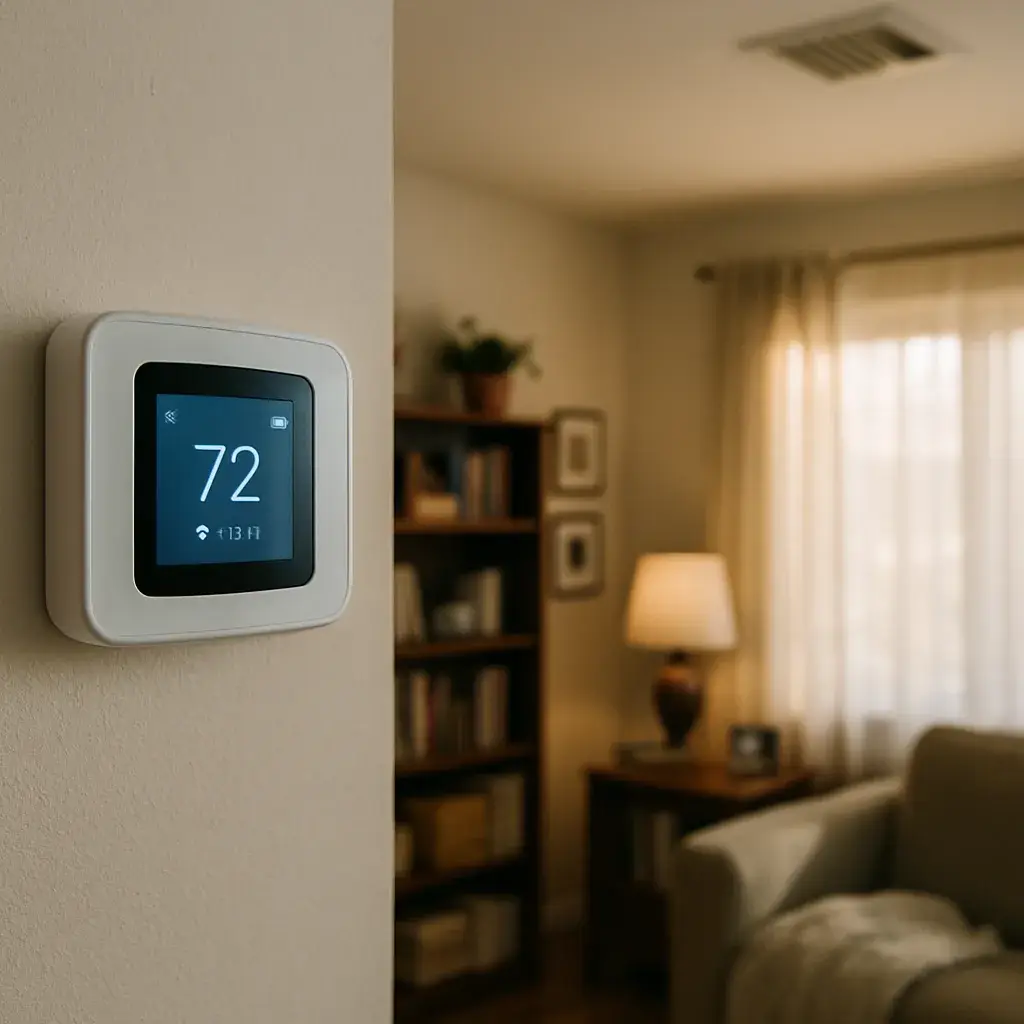Thermostat showing steady cooling after AC replacement in Sunnyvale living room
