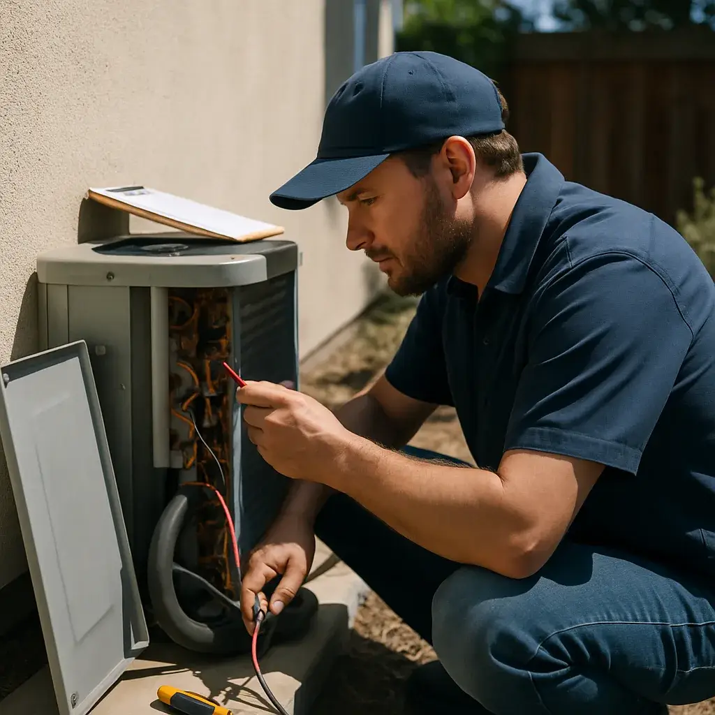 Technician testing AC sensor on outdoor condenser unit during Sunnyvale repair visit