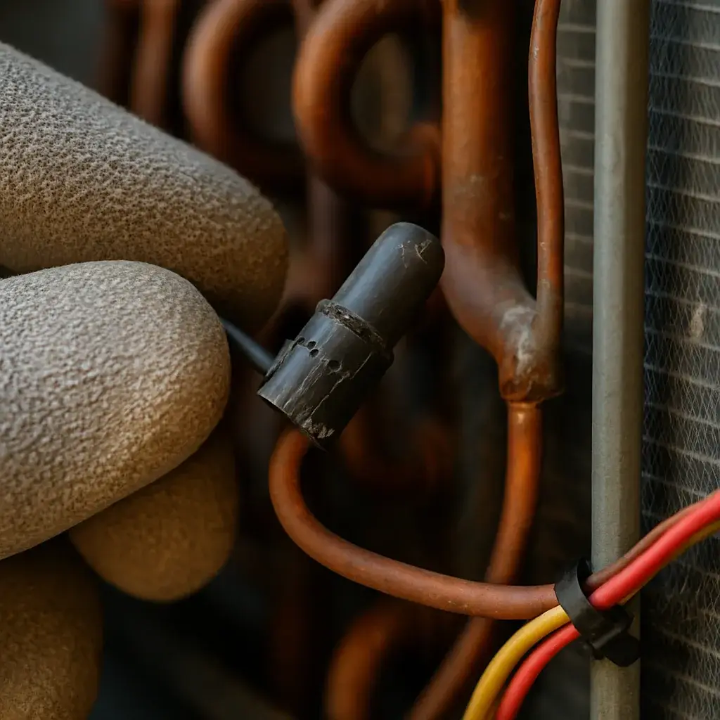 Close-up of cracked AC thermistor sensor on copper coil during Sunnyvale repair