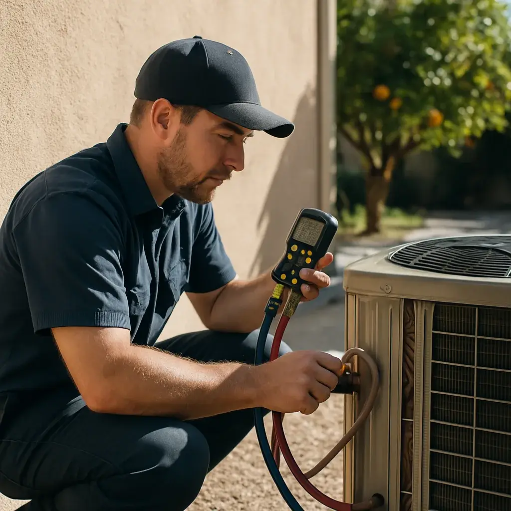 Technician checks condenser gauges during AC system consultation at Sunnyvale home
