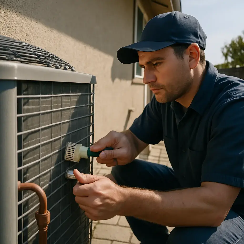 HVAC technician performs AC maintenance on outdoor unit in Sunnyvale backyard