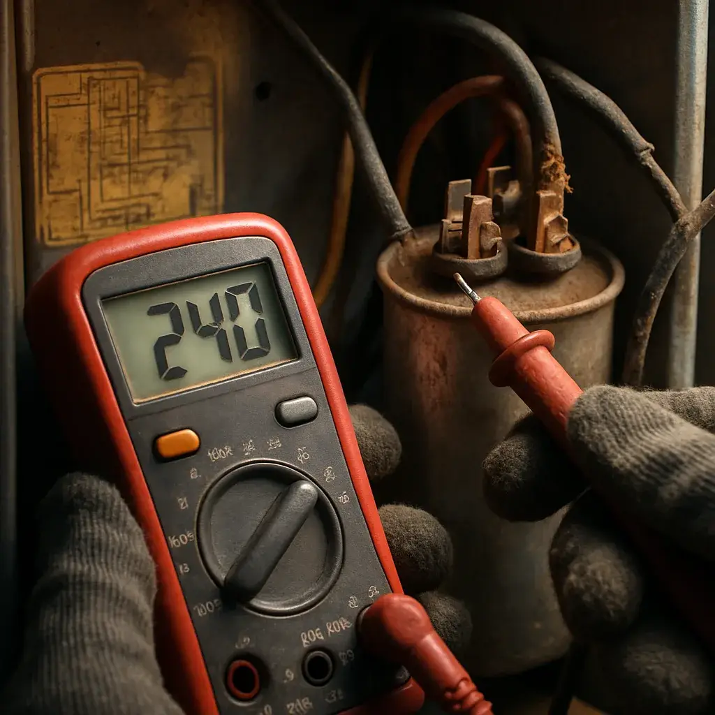 ac-maintenance-capacitor-test-multimeter-sunnyvale Technician tests AC capacitor with multimeter during Sunnyvale maintenance visit