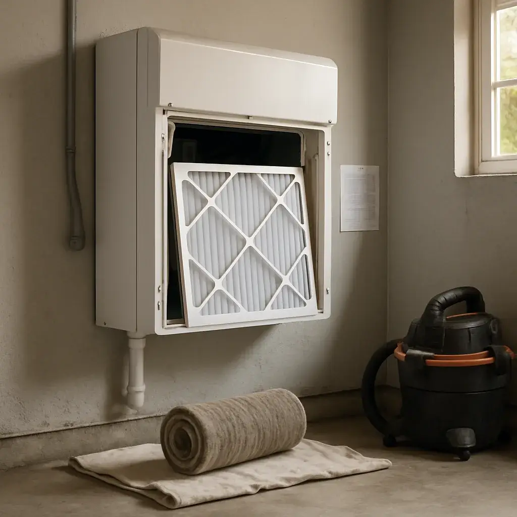 ac-maintenance-clean-air-filter-replacement-sunnyvale Clean air filter installed in Sunnyvale home AC unit after maintenance service