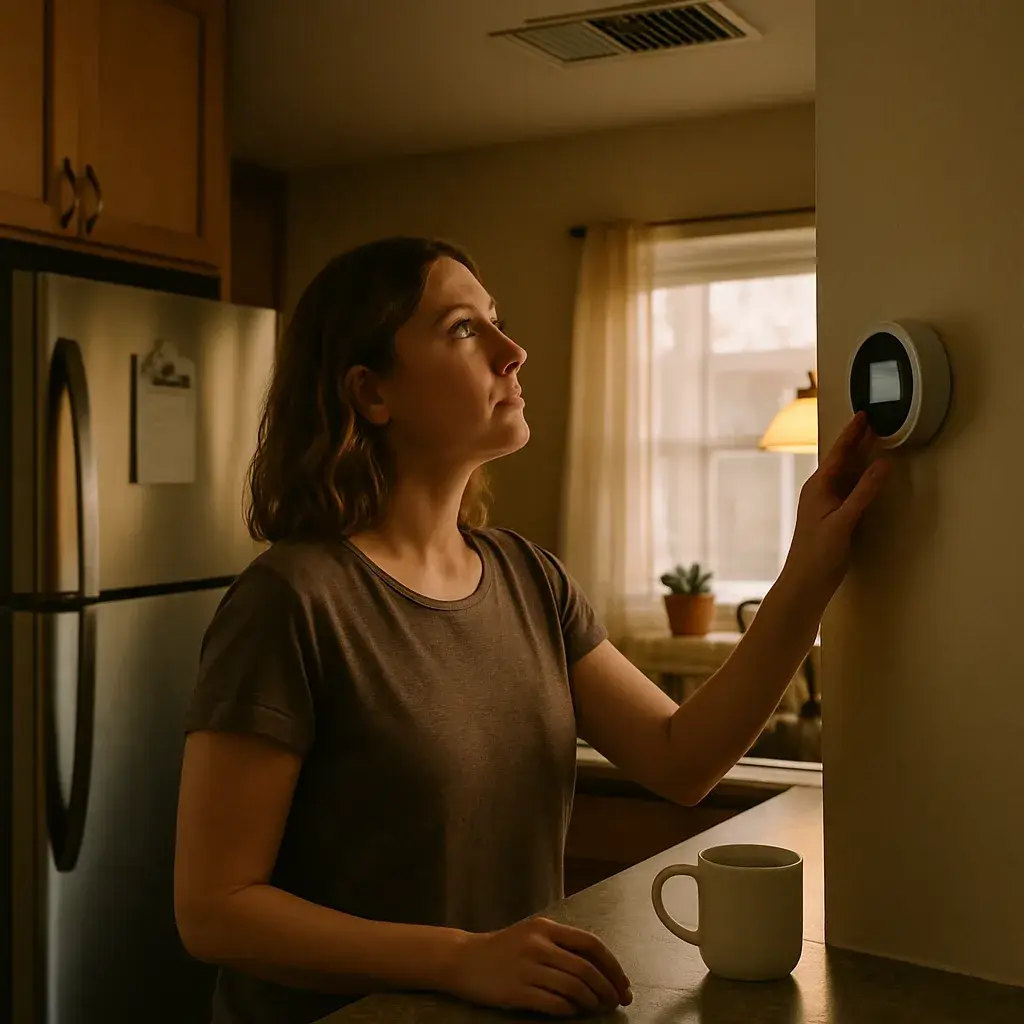 ac-maintenance-homeowner-thermostat-check-sunnyvale Homeowner checks thermostat in Sunnyvale kitchen after AC maintenance service