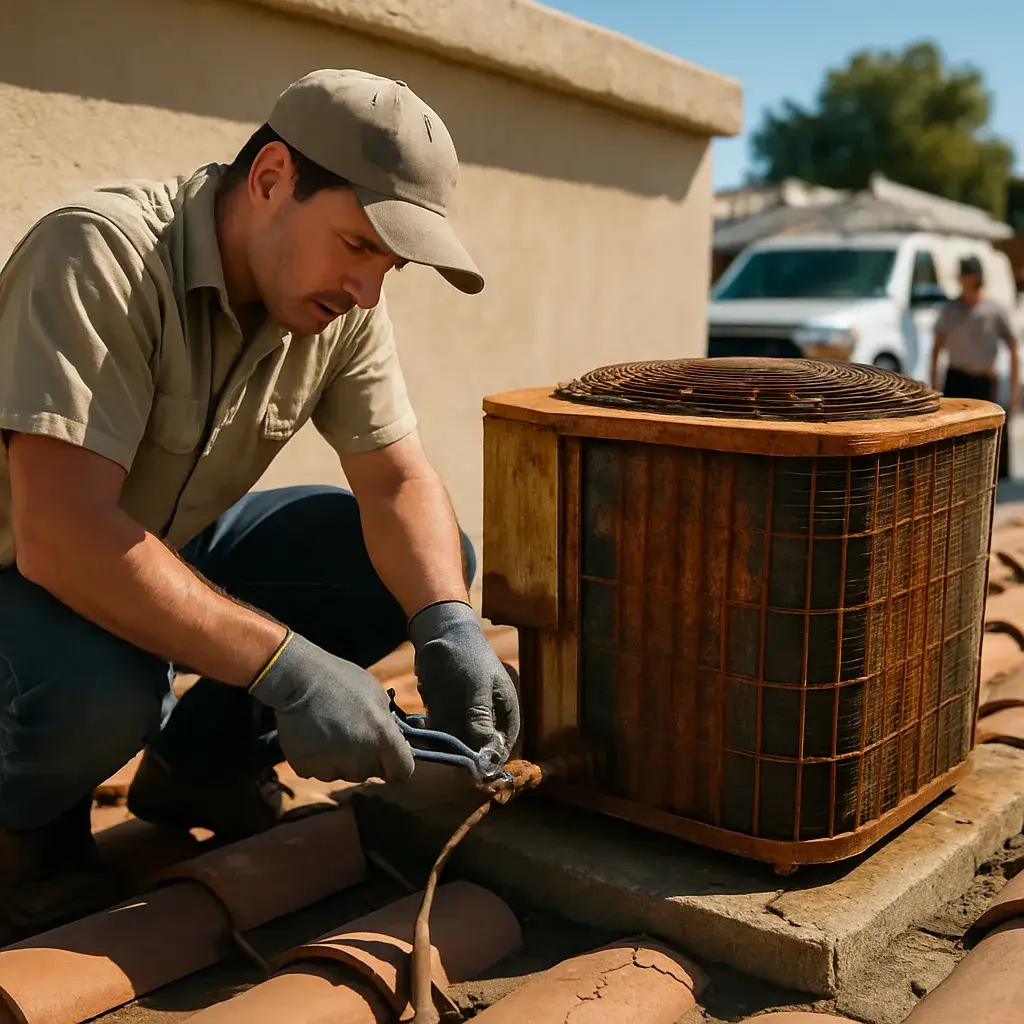Technician dismantling rusted AC condenser on Sunnyvale rooftop during removal