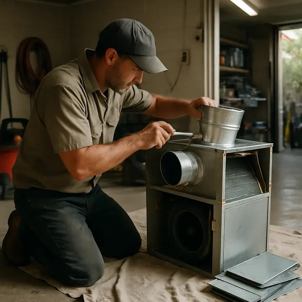 ac-systems-dismantlement-air-handler-removal-sunnyvale Technician disassembling air handler during AC removal in Sunnyvale garage