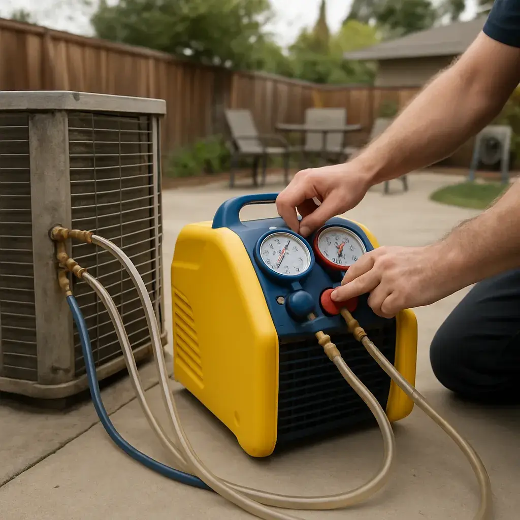 ac-systems-dismantlement-refrigerant-recovery-sunnyvale Technician performing refrigerant recovery on AC unit in Sunnyvale backyard