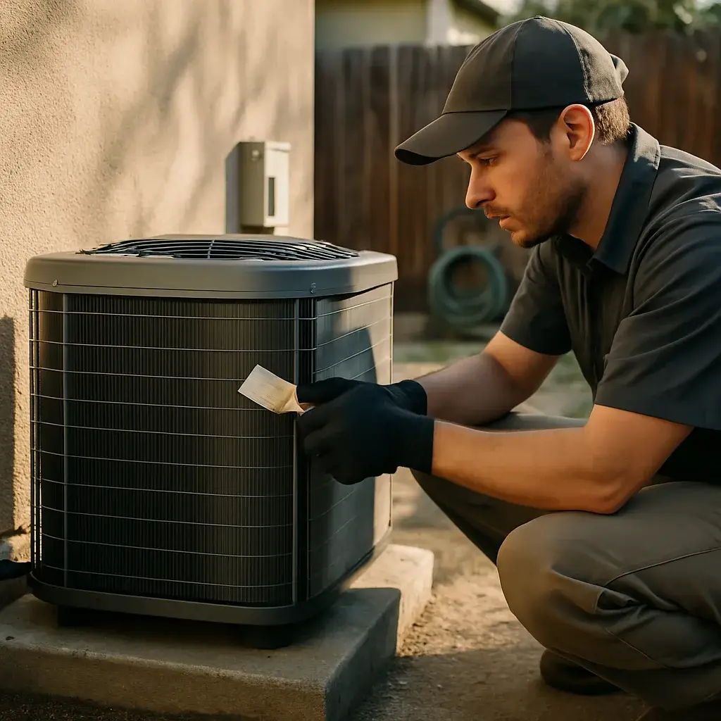 Technician cleaning AC condenser coil fins during tune-up service in Sunnyvale