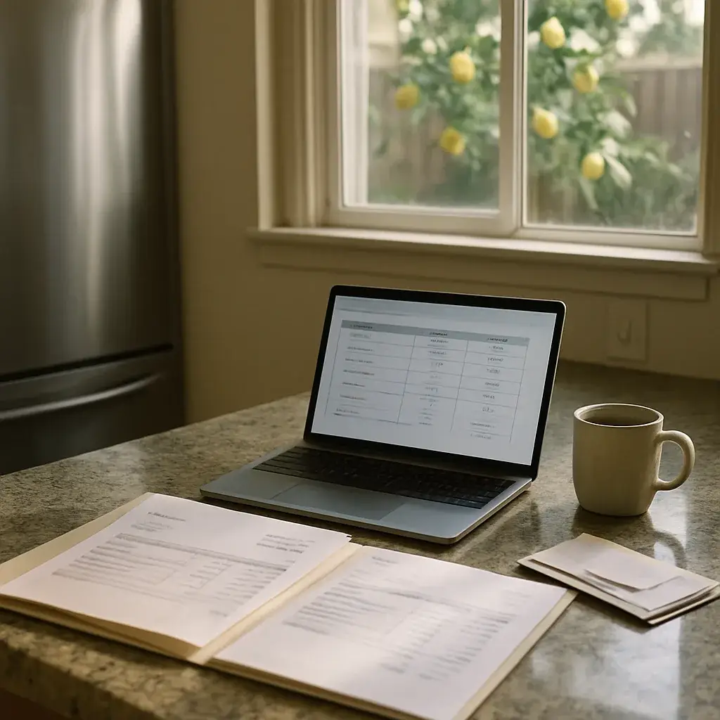 ac-tune-up-pricing-review-sunnyvale-home Homeowner reviewing AC tune-up pricing paperwork at kitchen counter in Sunnyvale