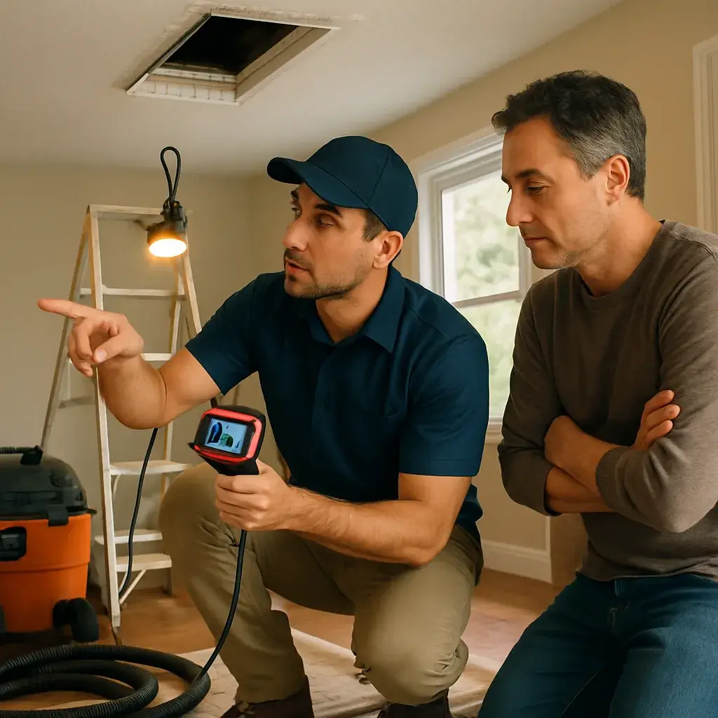 Air duct cleaning technician explains ductwork inspection to Sunnyvale homeowner