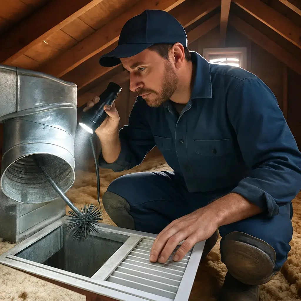 HVAC technician inspecting dusty duct branch during air duct cleaning in Sunnyvale