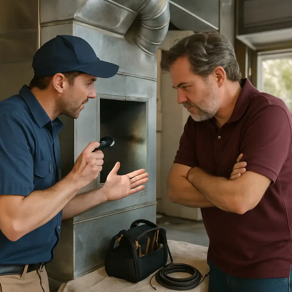HVAC contractor and homeowner examining ductwork during Sunnyvale duct cleaning consultation