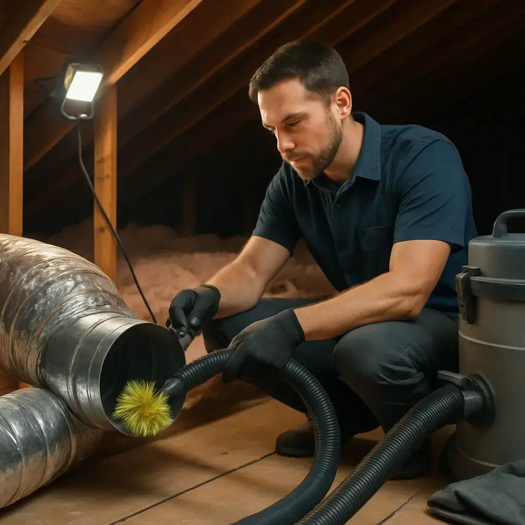 Technician cleaning attic air duct with vacuum hose in Sunnyvale home