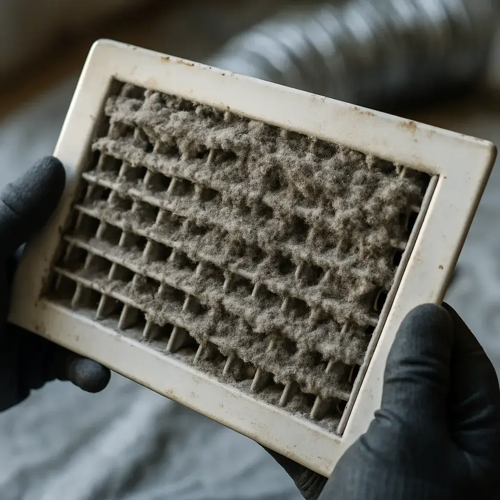 air-duct-cleaning-vent-grille-dust-buildup-cost-factor Dusty vent grille buildup shows air duct cleaning cost factor in Sunnyvale home