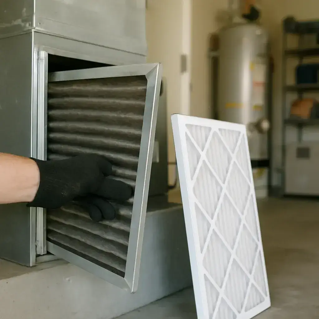 Technician removing dirty air filter from furnace duct during Sunnyvale air filter replacement