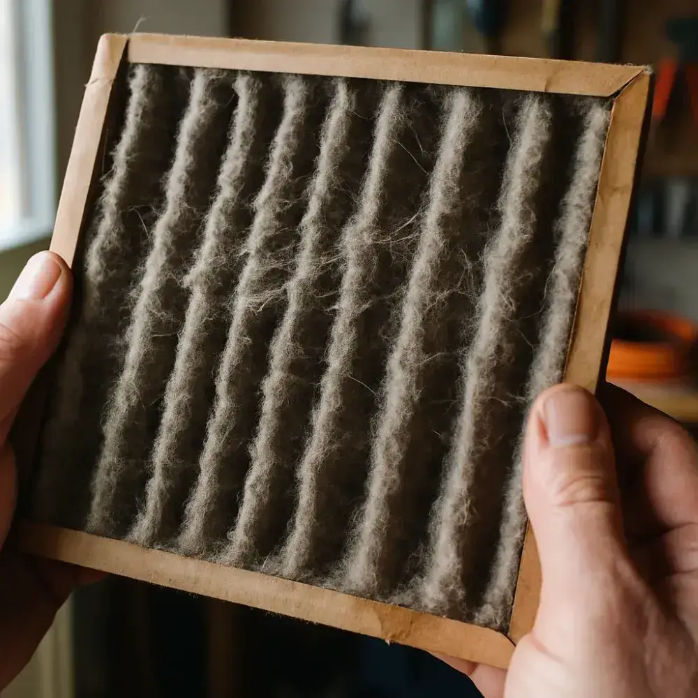 clogged-air-filter-closeup-dust-buildup-sunnyvale Close-up of clogged dusty air filter showing wear before Sunnyvale replacement service