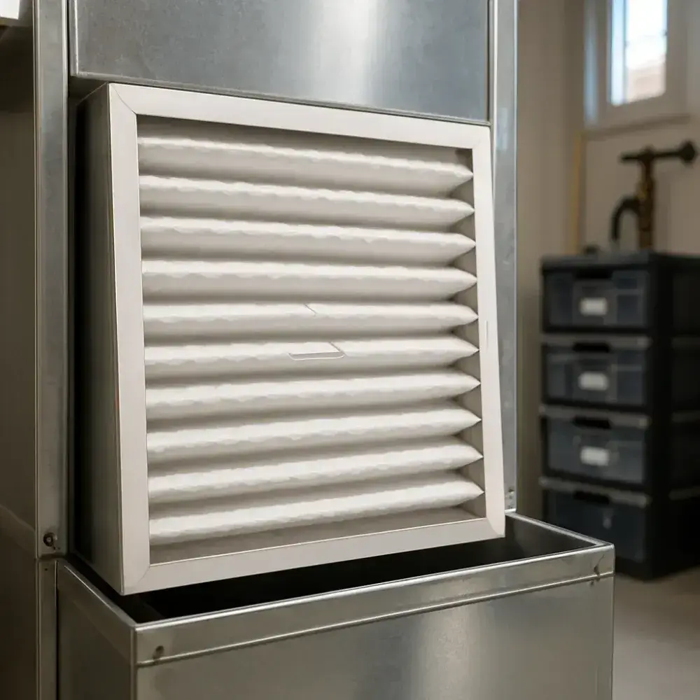 new-air-filter-installed-furnace-sunnyvale Freshly installed clean air filter in furnace duct after Sunnyvale replacement service