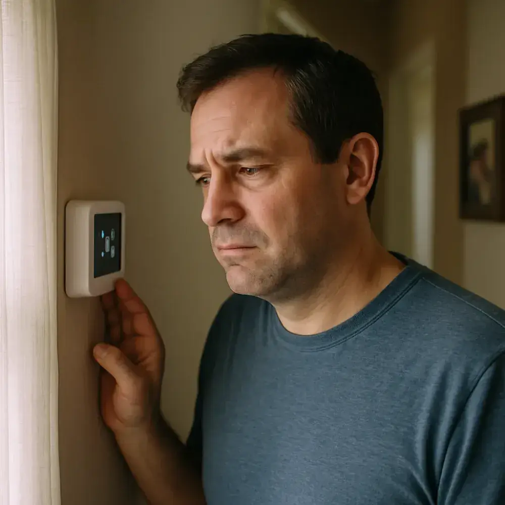 homeowner-thermostat-airflow-issue-sunnyvale Homeowner checking thermostat noticing weak airflow before air filter replacement in Sunnyvale