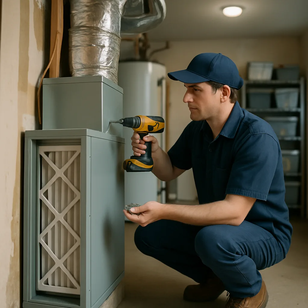 Technician installing air filtration system on home ductwork in Sunnyvale