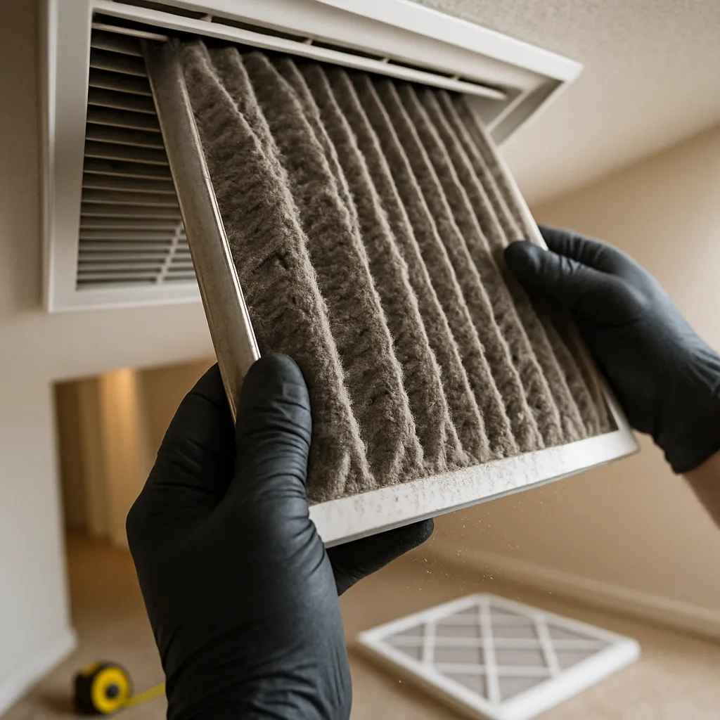 dirty-air-filter-removal-return-vent-sunnyvale Close-up of dirty air filter removed from Sunnyvale home return vent