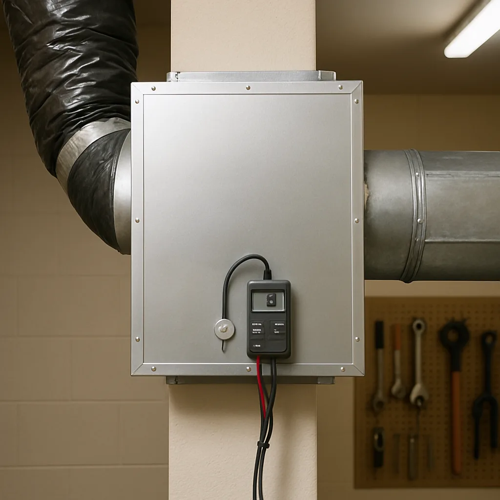 completed-air-filtration-installation-airflow-test-sunnyvale Completed air filtration installation with airflow testing gauge in Sunnyvale