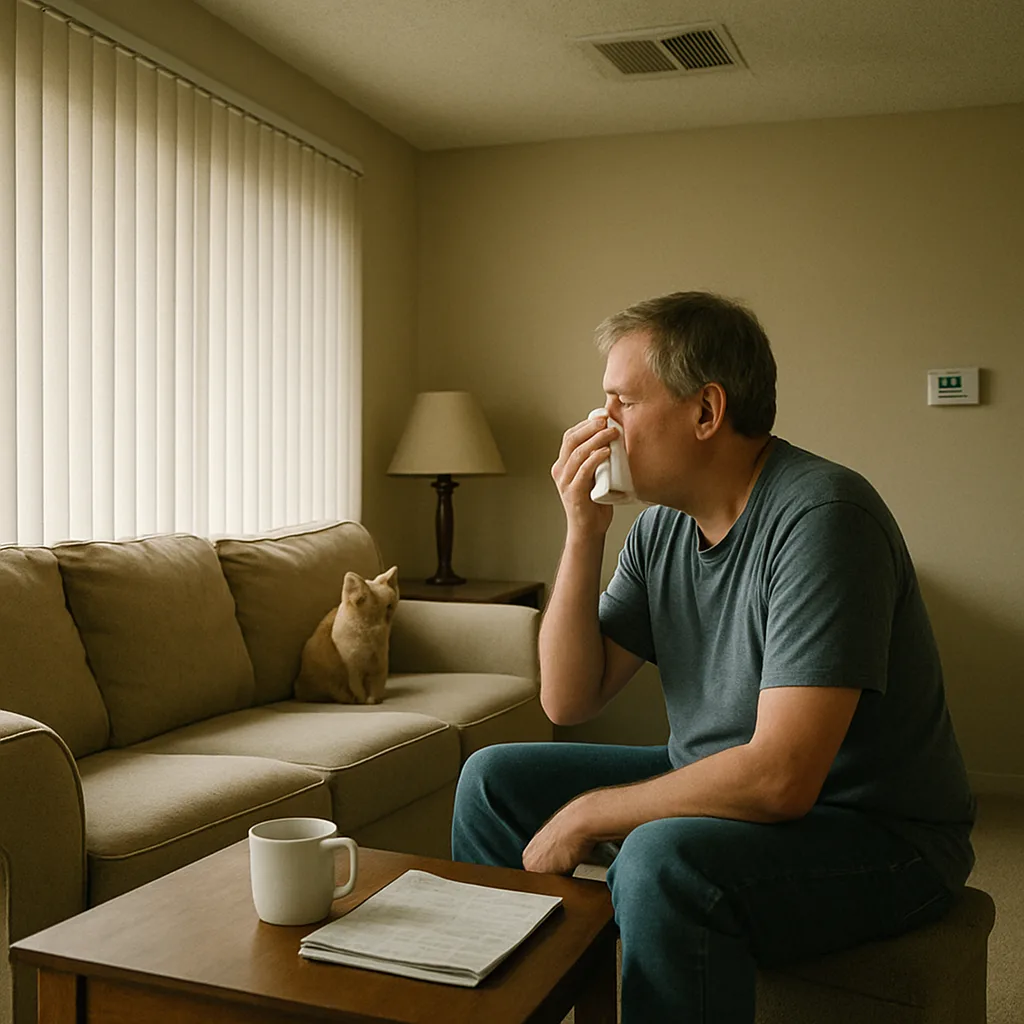 homeowner-allergy-symptoms-indoor-air-quality-sunnyvale Homeowner in Sunnyvale living room affected by poor indoor air filtration