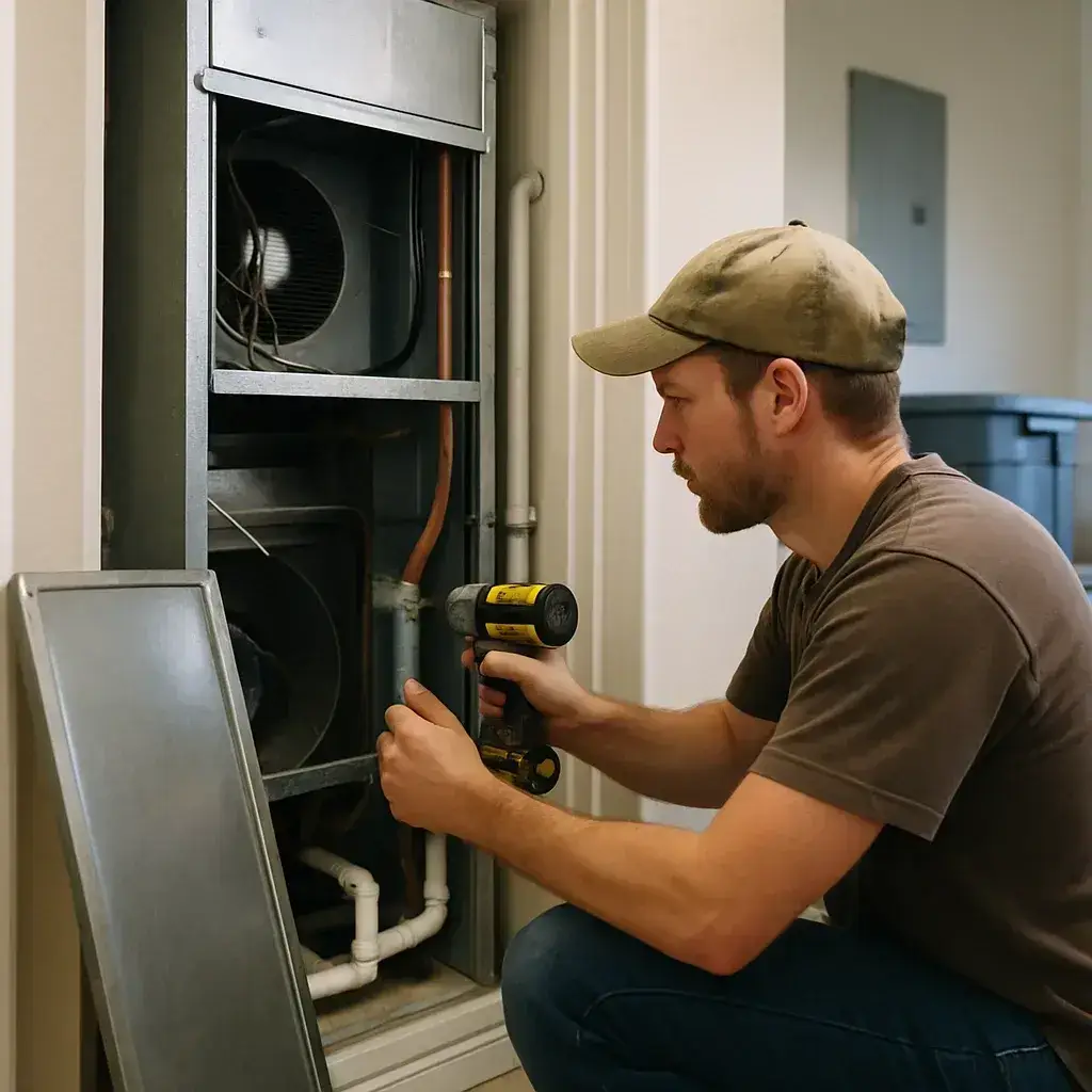Technician installing air handler unit in Sunnyvale home utility closet