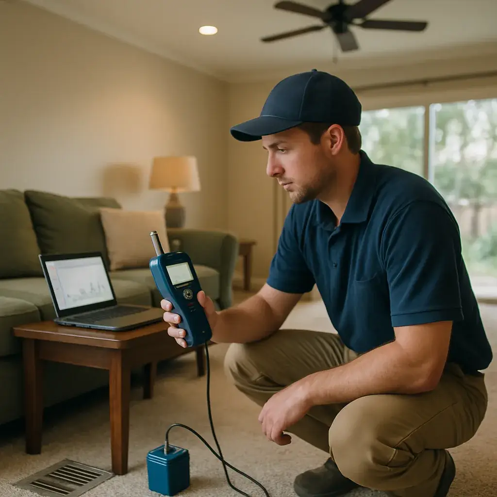 HVAC technician testing indoor air quality with particle counter in Sunnyvale home