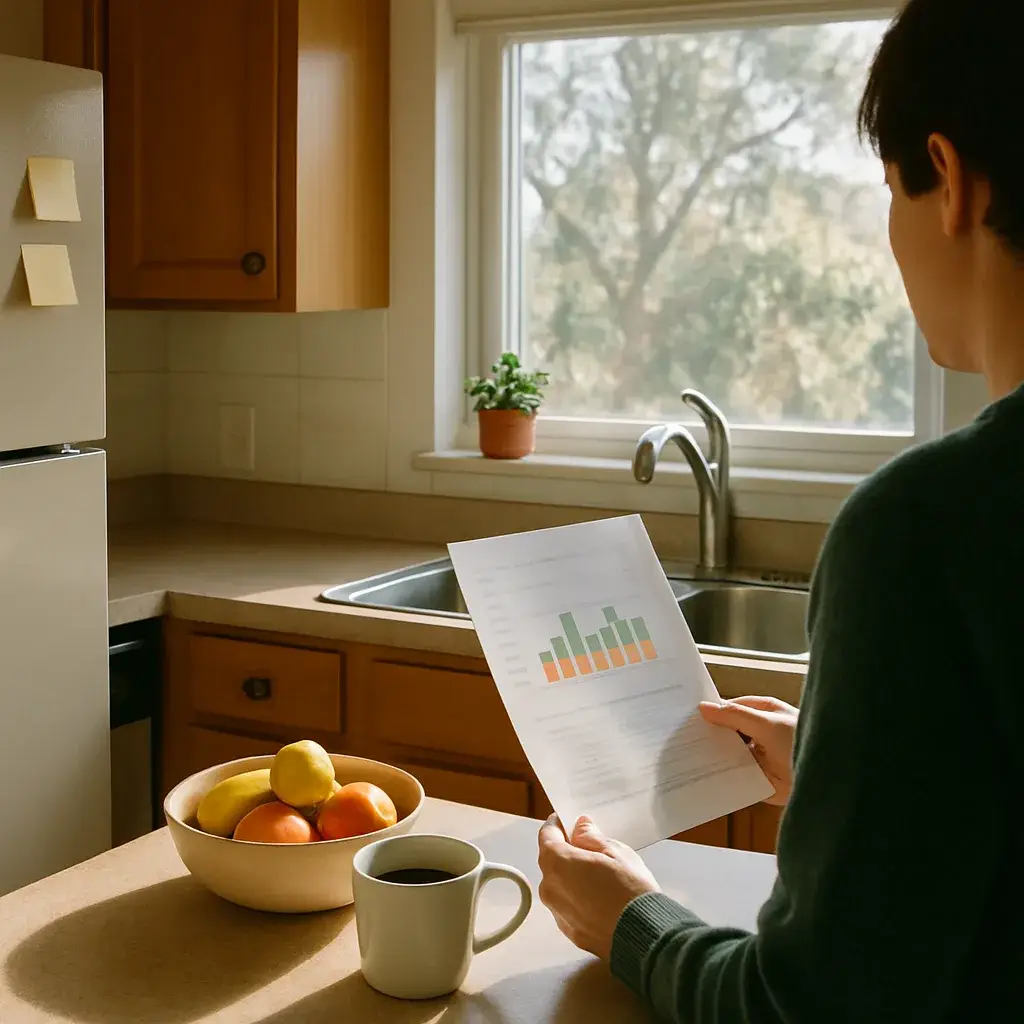 air-quality-testing-report-review-kitchen-sunnyvale Homeowner reviewing air quality test report in Sunnyvale kitchen with morning light