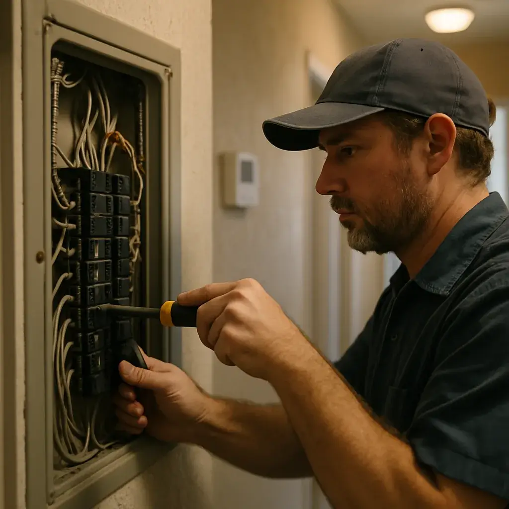 Electrician inspects aluminum wiring in home panel during Sunnyvale rewiring service