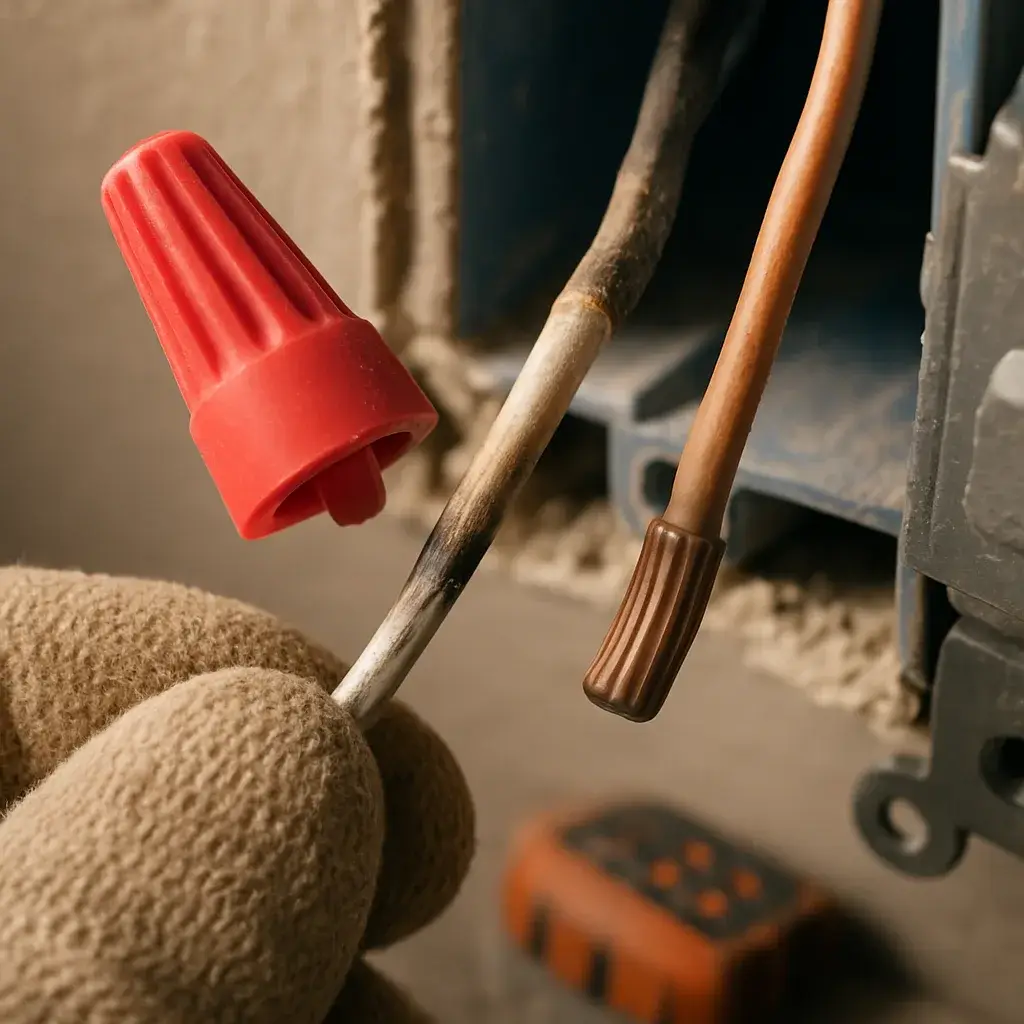 Close-up of scorched aluminum wire connector during Sunnyvale wiring inspection