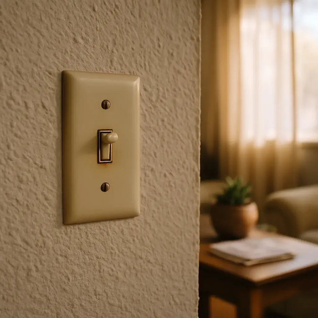Discolored switch plate showing aluminum wiring warning sign in Sunnyvale home