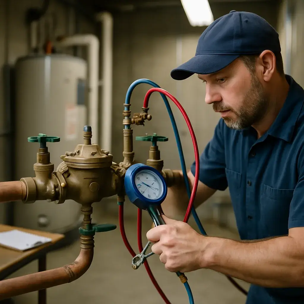 Technician testing backflow preventer valve on copper pipes in Sunnyvale mechanical room