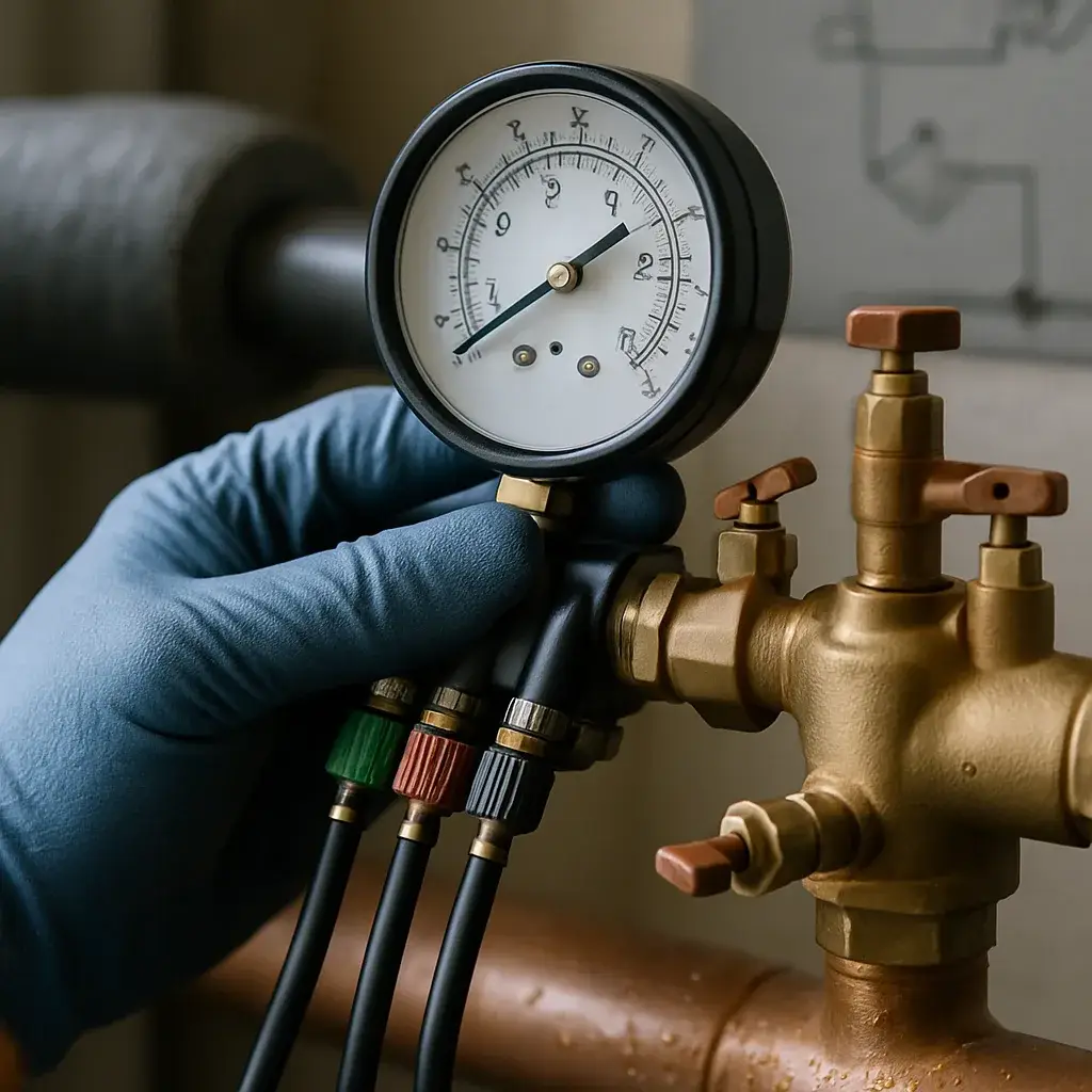 Close-up of pressure gauge test kit attached to backflow preventer valve Sunnyvale
