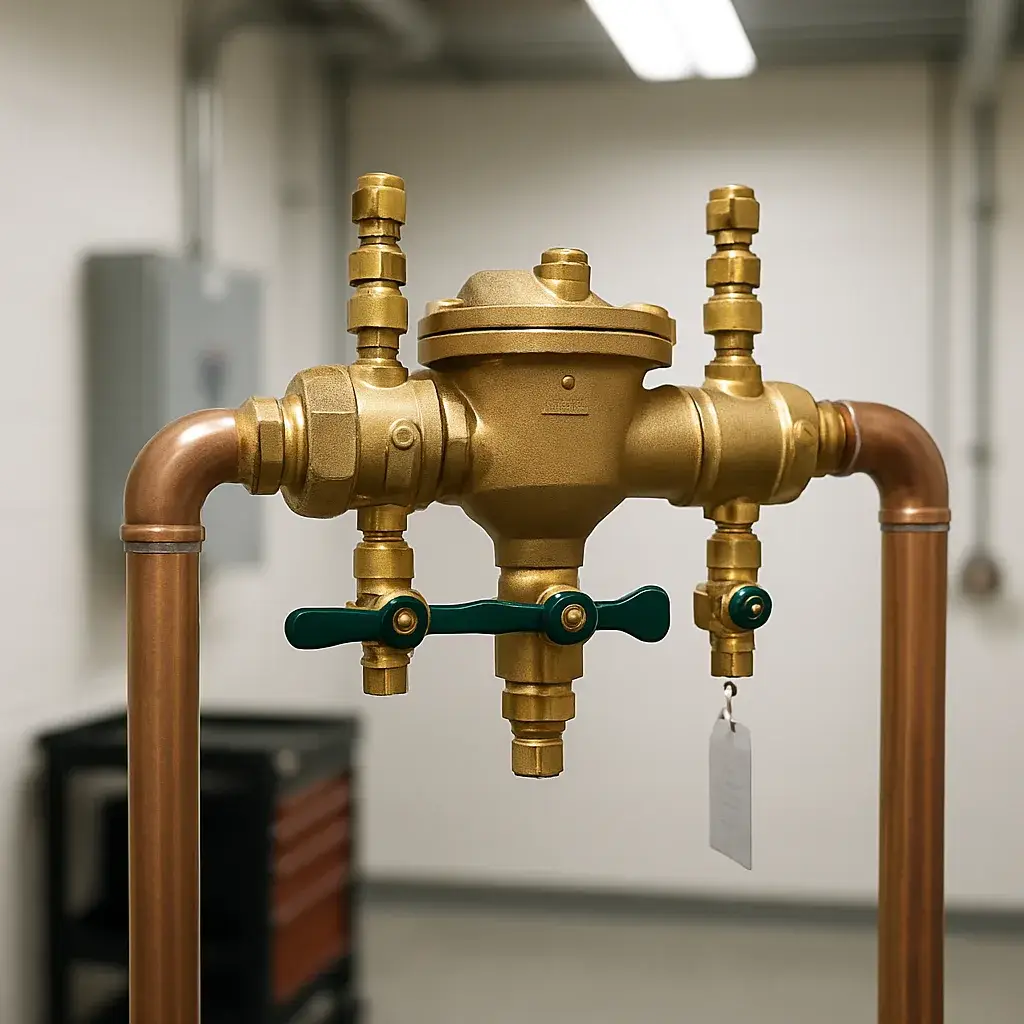 Backflow preventer valve after completed testing and certification tag in Sunnyvale