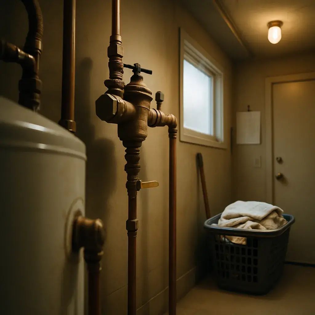 Home utility closet with backflow preventer valve near irrigation line in Sunnyvale